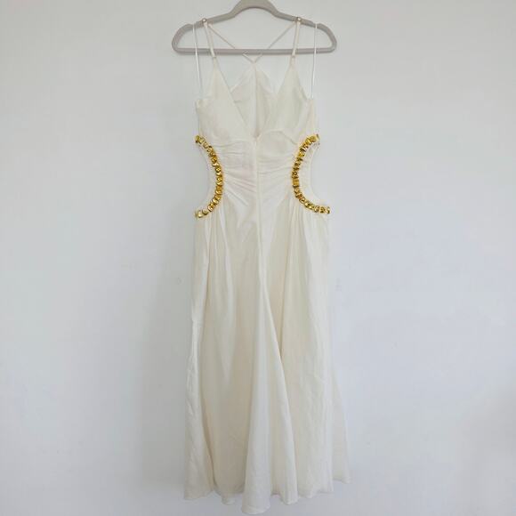Cult Gaia Off White & Gold Maxi Halter Dress Embellished Side Cutouts Size 10 - Picture 5 of 14